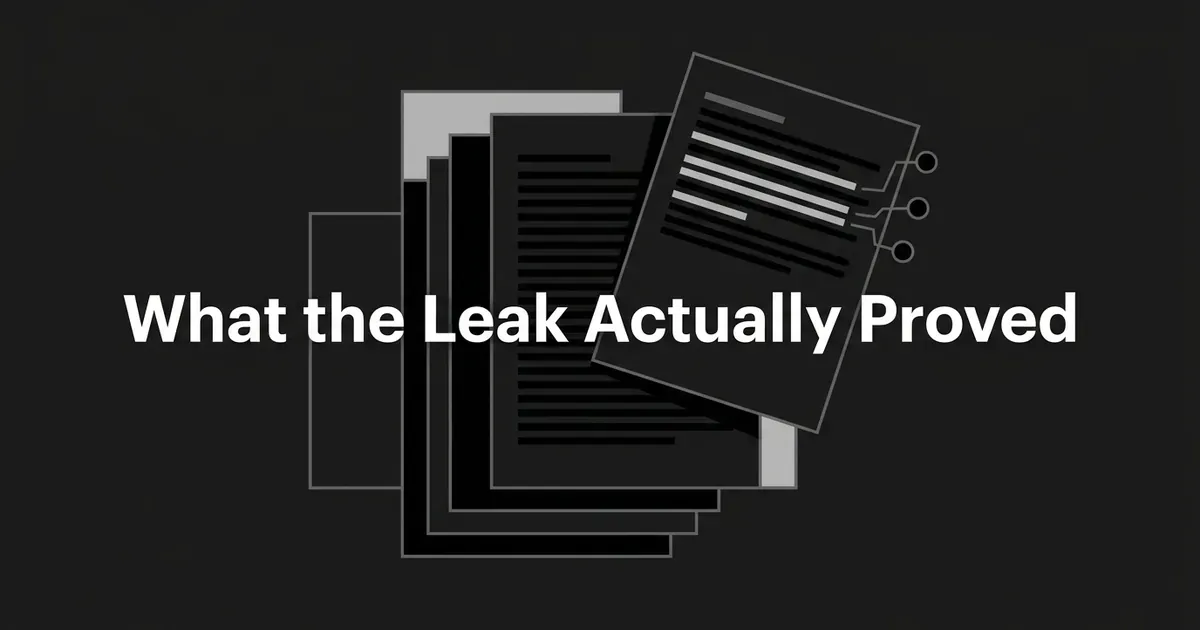 A stack of layered document pages in monochrome with one page tilted forward showing rows of leaked text, under the words What the Leak Actually Proved.