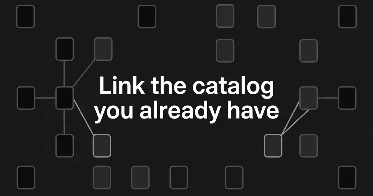 A dark grid of small rounded rectangles standing for published pages, most sitting unconnected while a few are joined by thin lines into a small cluster, beneath the cover line Link the catalog you already have.