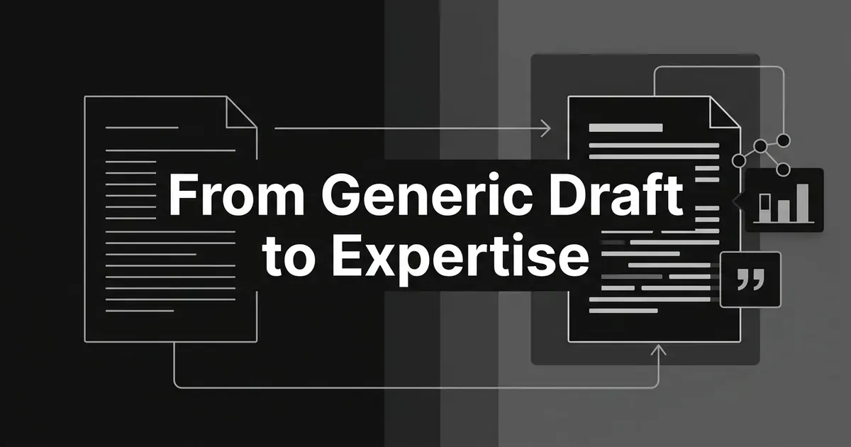A monochrome cover reading From Generic Draft to Expertise, with a plain evenly ruled document on the left connected by arrows to a richer document on the right joined to a chart fragment and a quote mark.