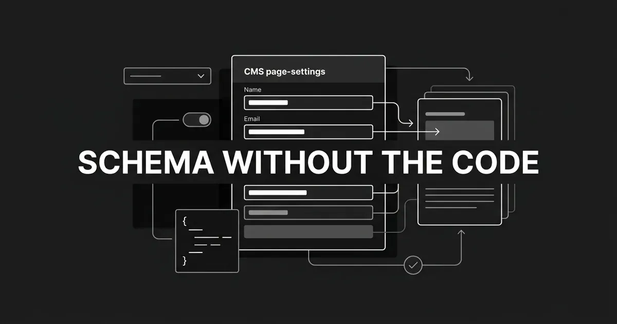 A monochrome abstract-geometric cover showing a CMS page-settings form panel with filled fields and a JSON-LD code block, thin connector lines carrying structured data out to layered page cards, behind the centered white cover line SCHEMA WITHOUT THE CODE.