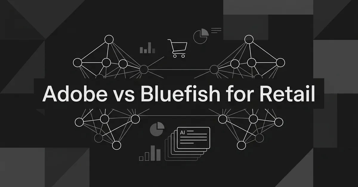 Monochrome cover reading Adobe vs Bluefish for Retail, with two facing node networks, a shopping cart outline and chart fragments on a charcoal background.