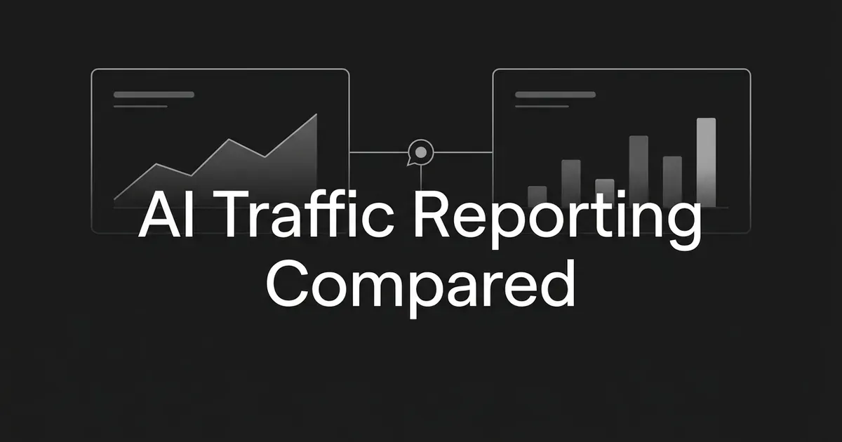 Dark monochrome cover with two dashboard cards, a line chart and a bar chart, joined by a connector and the words AI Traffic Reporting Compared.