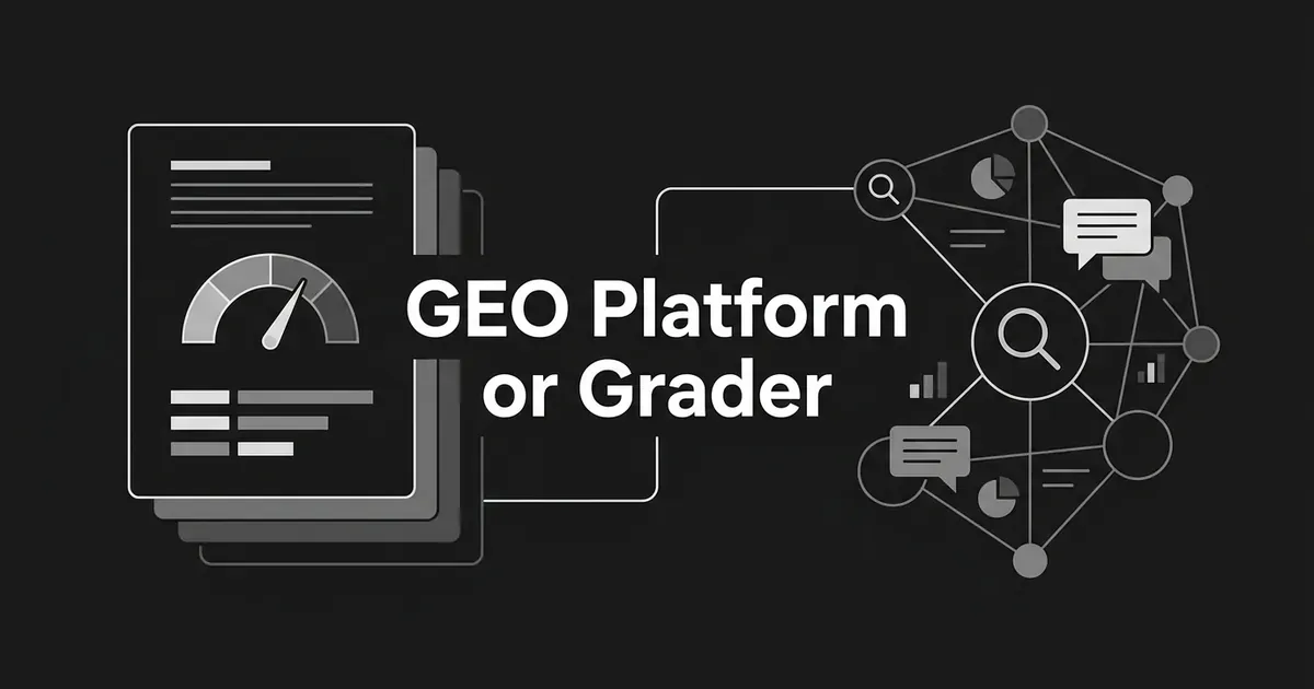Monochrome illustration of a scored draft page on the left and a network of connected search and answer nodes on the right, with the cover line "GEO Platform or Grader" between them.