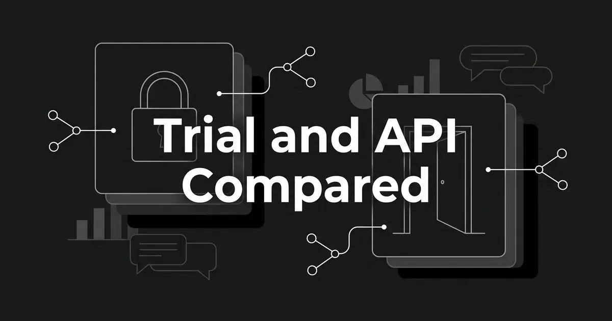 Two layered cards in white linework on charcoal, one with a closed padlock and one with an open door, joined by node connectors under the text Trial and API Compared.