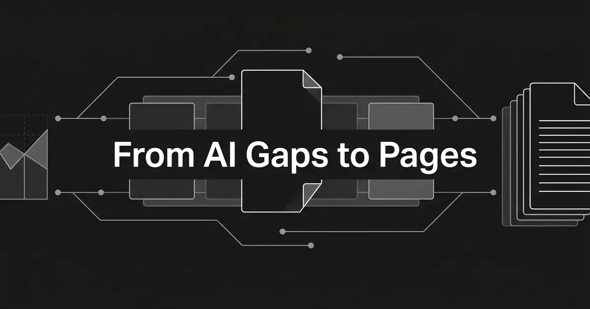 Abstract monochrome diagram of connected cards and document pages around the line From AI Gaps to Pages.