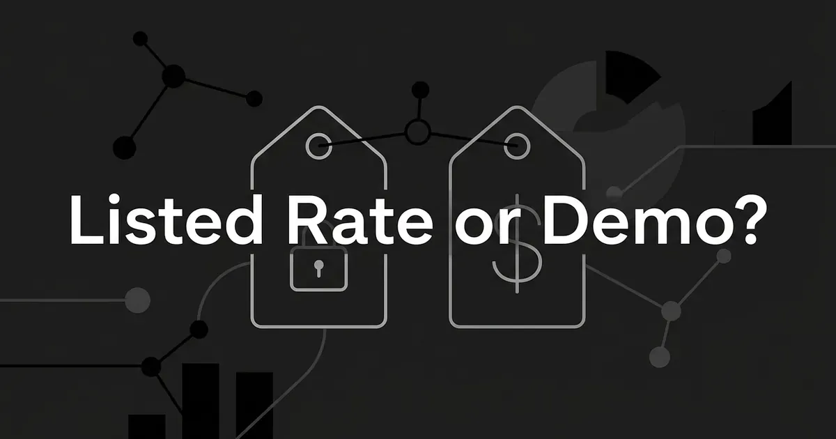 Two price-tag outlines, one with a padlock and one with a dollar sign, joined by a thin line to a central node on a charcoal background, with the cover line Listed Rate or Demo?