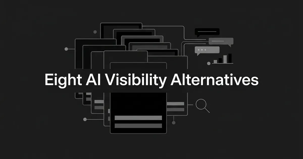 A monochrome illustration of eight stacked cards fanned out beside answer bubbles, a small bar chart and a magnifier, under the cover line Eight AI Visibility Alternatives.
