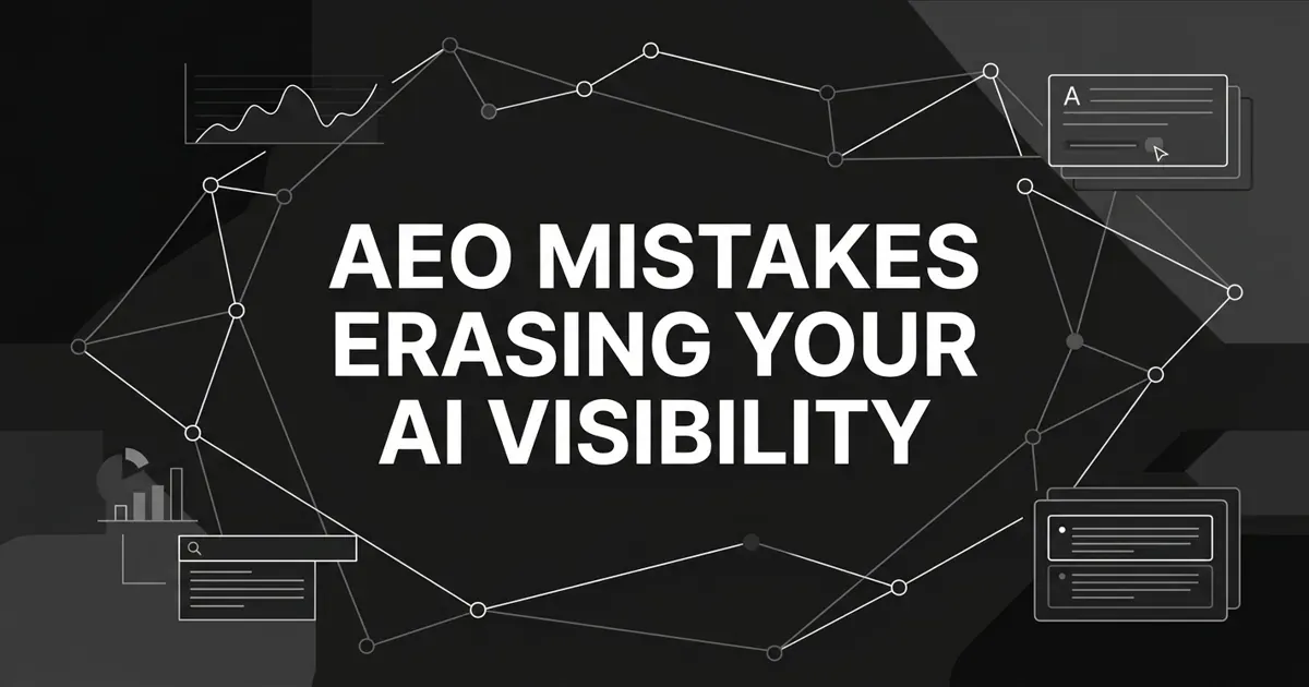 Monochrome abstract cover showing a brand node fading out of a network of AI answer sources, with the white cover line AEO Mistakes Erasing Your AI Visibility on a charcoal background.