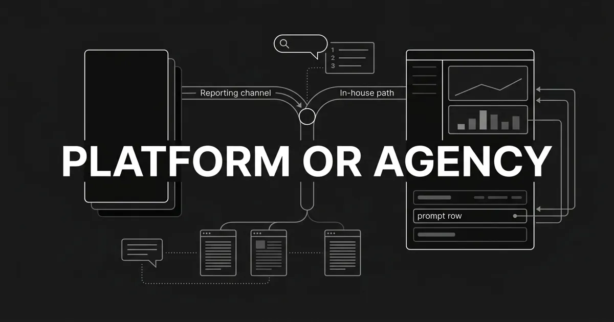 Monochrome line diagram on charcoal showing a decision node splitting into an outsourced reporting channel on the left and an in-house dashboard path on the right, with the centered white cover line PLATFORM OR AGENCY.
