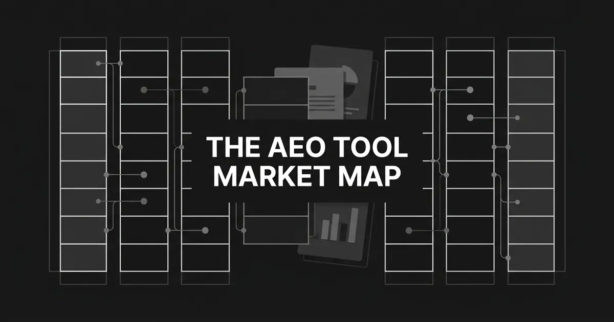 A monochrome charcoal cover showing an abstract grid of white-outlined cells linked by nodes and connection lines, with the centered white cover line THE AEO TOOL MARKET MAP.