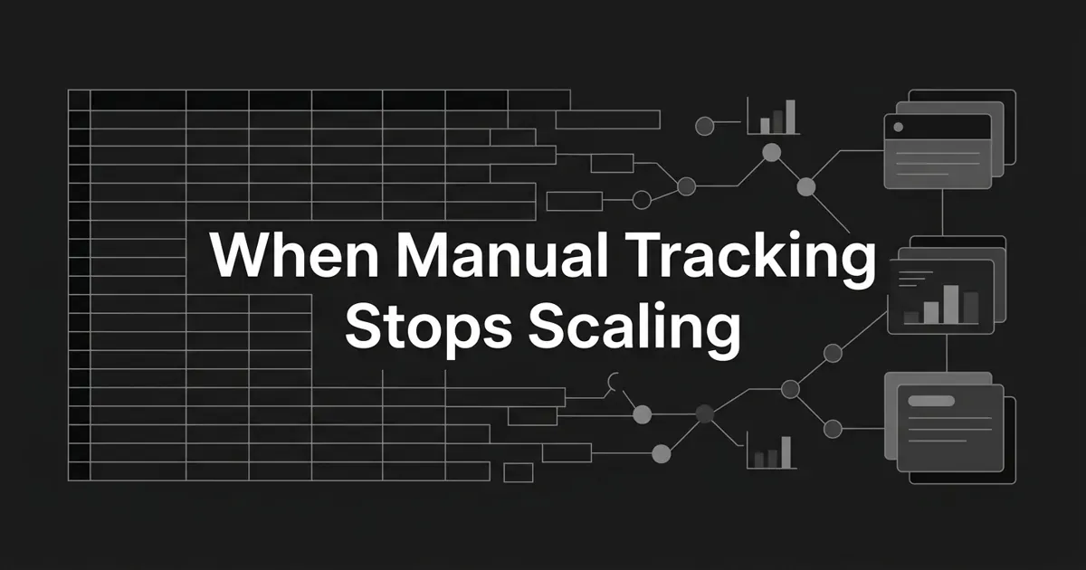 A monochrome illustration of a spreadsheet grid breaking apart on the left and resolving into connected nodes, chart fragments, and layered dashboard cards on the right, with the centered white cover line 'When Manual Tracking Stops Scaling'.