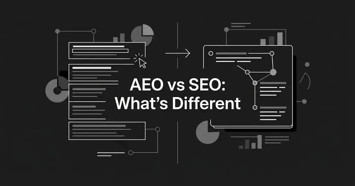 Monochrome flat-vector cover contrasting a stack of ranked search links with a single AI answer card built from connected citation nodes, under the centered white cover line 'AEO vs SEO: What's Different'.