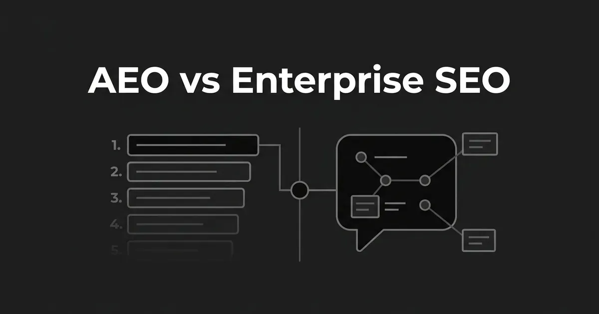 A monochrome illustration titled AEO vs Enterprise SEO showing a numbered ranked list of links on the left connecting to a speech-bubble shaped answer with branching citation nodes on the right.