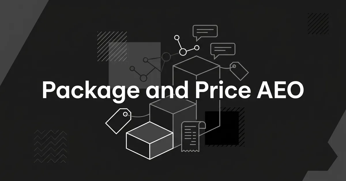 A monochrome illustration of stacked package tiers, connected AI-answer nodes, price tags, and an invoice, with the cover line Package and Price AEO.