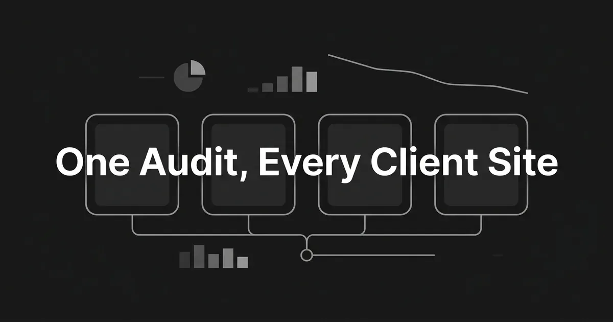 A monochrome cover with the line One Audit, Every Client Site set over four identical outlined cards whose connector lines converge on a single shared node, beside a declining chart fragment.