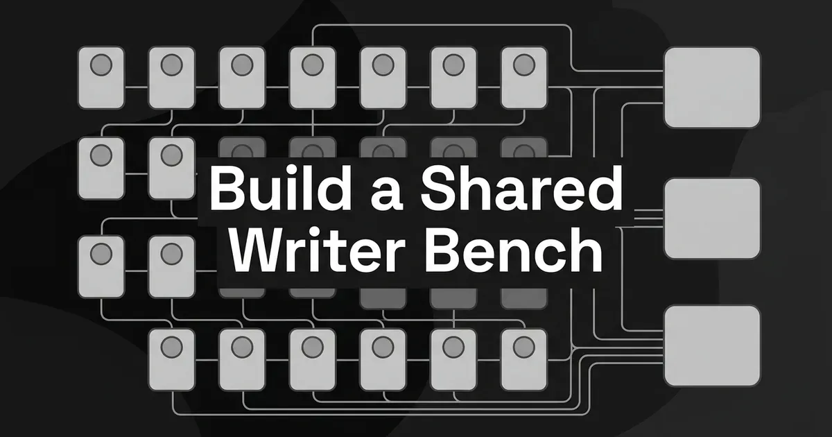 A grid of writer cards linked by thin lines to three larger client cards, under the cover line Build a Shared Writer Bench.