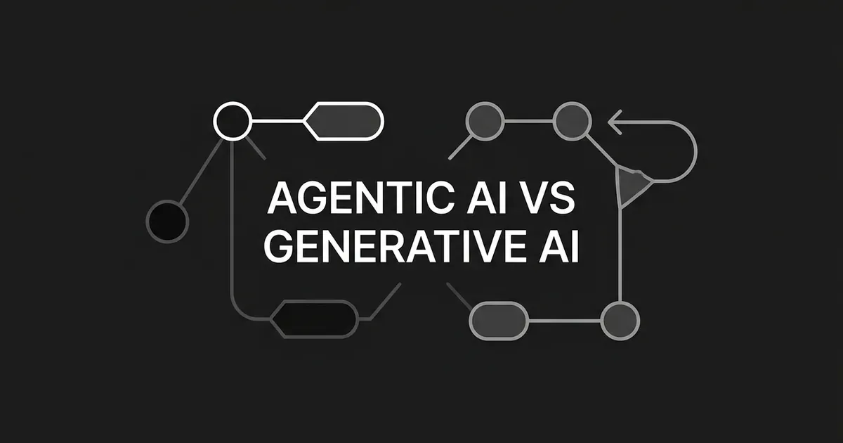 Abstract monochrome diagram contrasting a simple one-step node path on the left with a looping, branching decision path on the right, next to the text Agentic AI vs Generative AI.