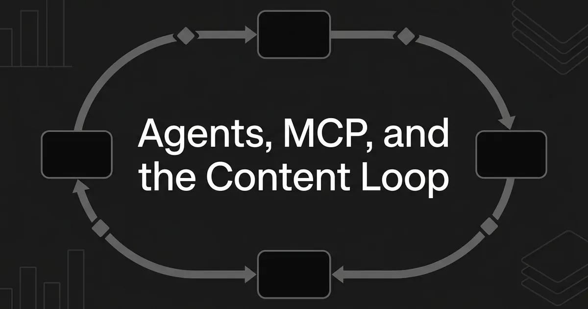 A monochrome ring of connected cards loops back on itself around the white cover line "Agents, MCP, and the Content Loop", showing content production and AI visibility tracking as one repeating cycle rather than a straight line.