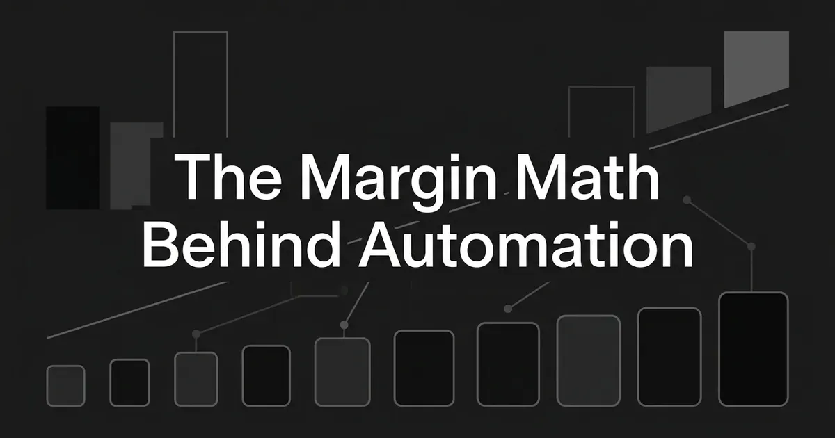 An abstract monochrome illustration of a row of client cards growing larger from left to right beneath a rising line and bar fragments, under the cover line The Margin Math Behind Automation.
