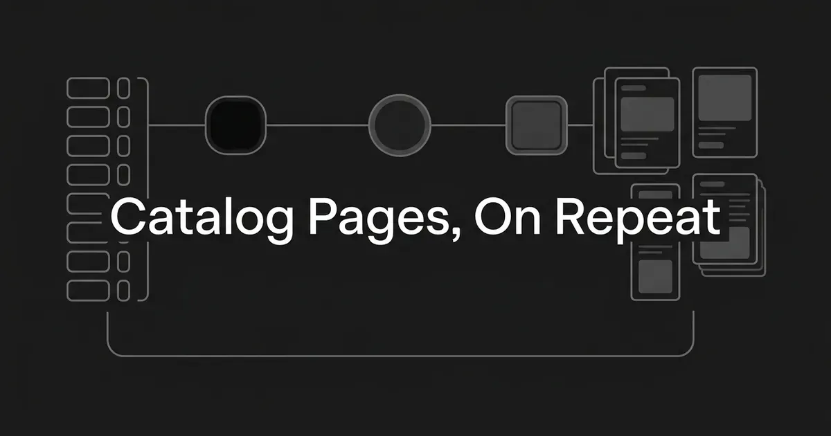 A monochrome illustration of a column of small catalog items on the left feeding through three connected nodes into stacks of finished page cards on the right, with a thin line looping back underneath to the start, beneath the cover line "Catalog Pages, On Repeat".