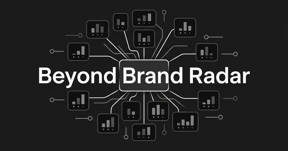 An abstract monochrome illustration of many small chart cards linked by thin lines into one highlighted card at the centre, under the cover line Beyond Brand Radar.