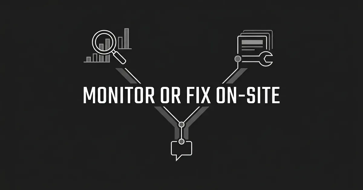 A charcoal abstract diagram of two paths splitting from an answer bubble, one ending in a magnifying glass over a bar chart and one in a card with a wrench, behind the line Monitor or Fix On-Site.