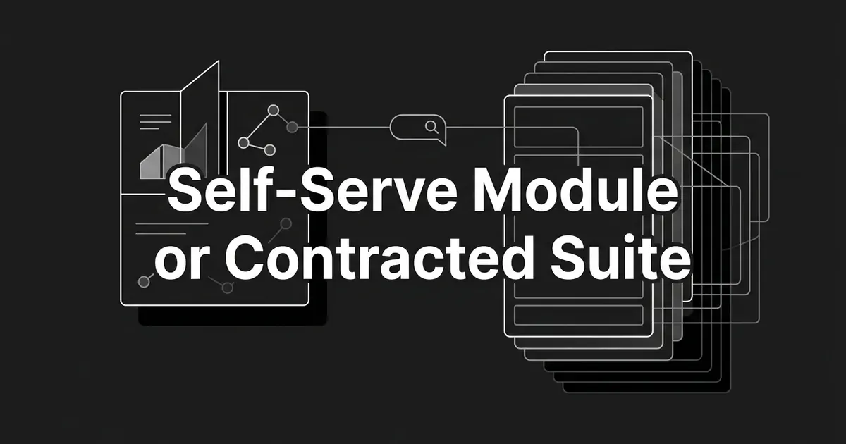 Minimal monochrome illustration of a small modular card with a chart beside a tall stack of layered cards, under the text Self-Serve Module or Contracted Suite.