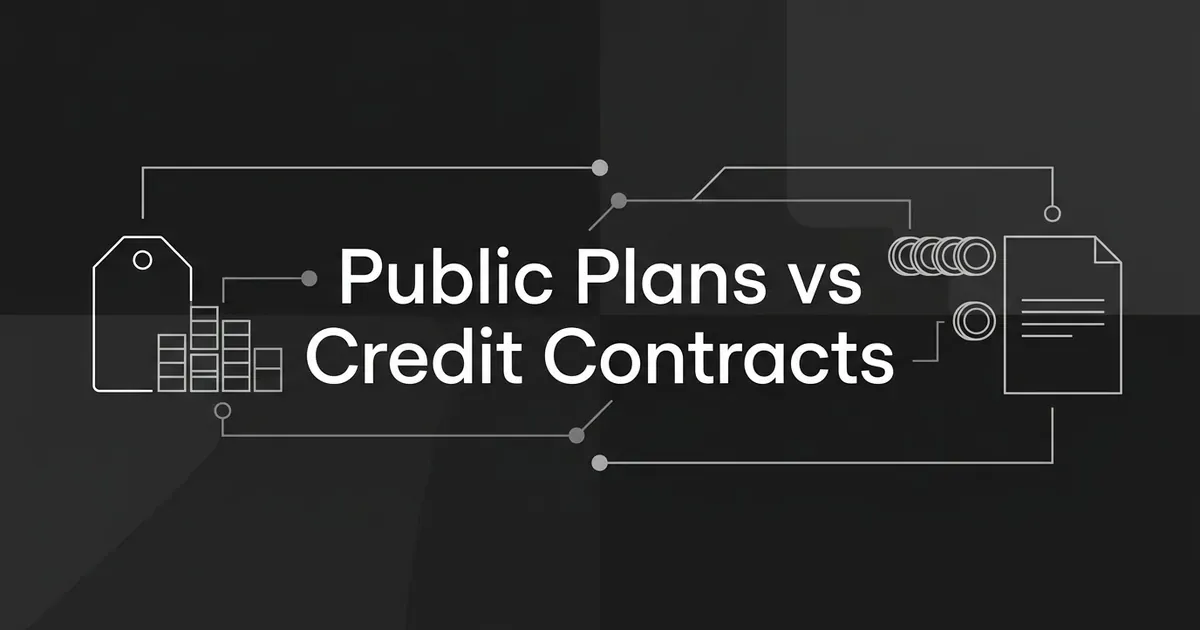 Dark monochrome cover with the line Public Plans vs Credit Contracts, flanked by a price tag beside stacked plan blocks on the left and coins flowing into a contract document on the right.