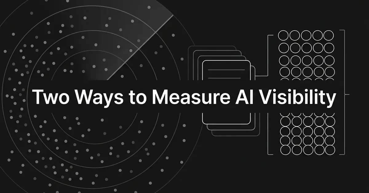Abstract monochrome illustration of a radar sweep over scattered dots beside a grid of repeated circles, with the line Two Ways to Measure AI Visibility.