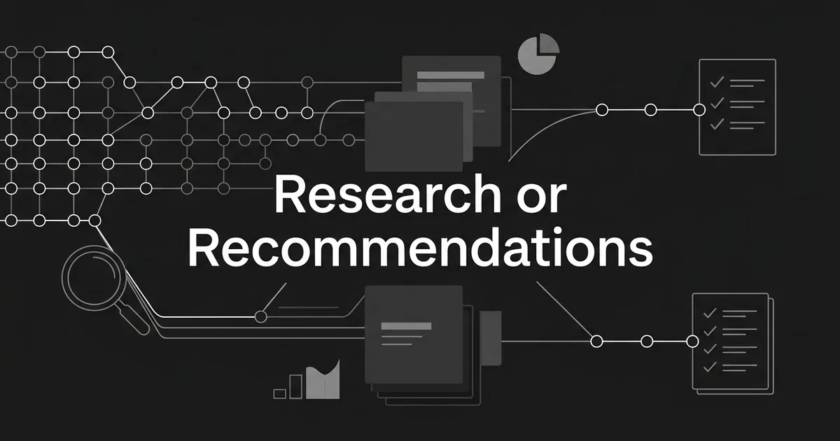 Abstract monochrome illustration of a wide grid of connected nodes with a magnifying glass on one side and a short chain of nodes ending in a checklist on the other, around the words Research or Recommendations.
