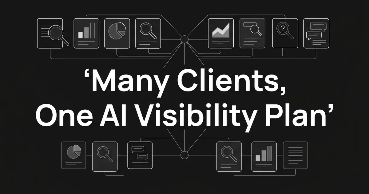 A dark monochrome illustration of many small client report cards linked by thin lines to a central node, with the cover line Many Clients, One AI Visibility Plan.