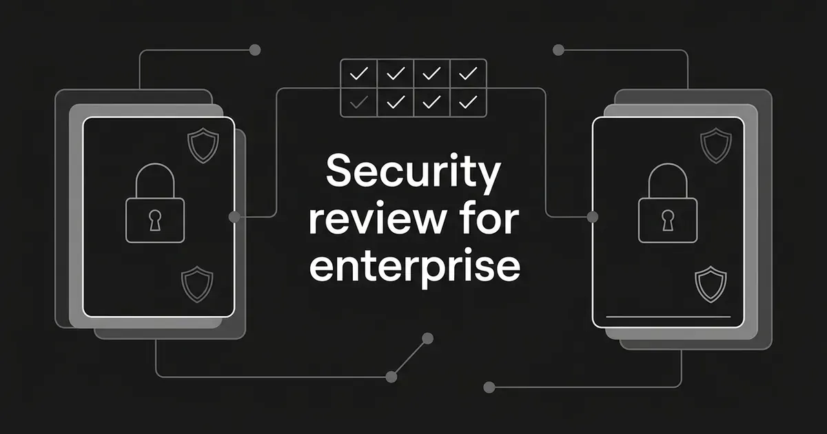 Two layered cards, each with a padlock and shield outline, are linked to a checklist grid around the cover line Security review for enterprise.