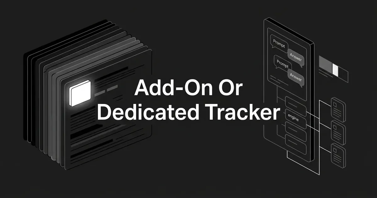 Monochrome geometric cover on charcoal showing a layered stack of dashboard cards with one highlighted white module on the left and a tall standalone tracker panel of prompt and answer nodes linked to page icons on the right, under a white cover line reading Add-On Or Dedicated Tracker.