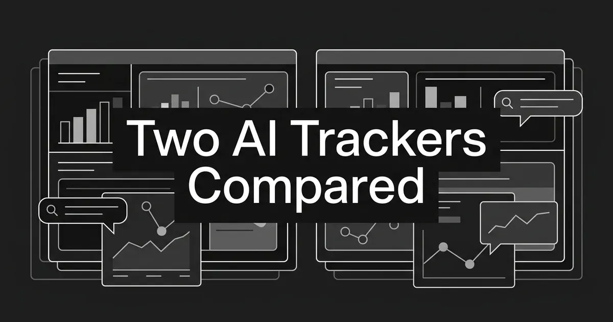 Two side-by-side monochrome dashboard panels with bar and line chart fragments behind the cover line Two AI Trackers Compared.