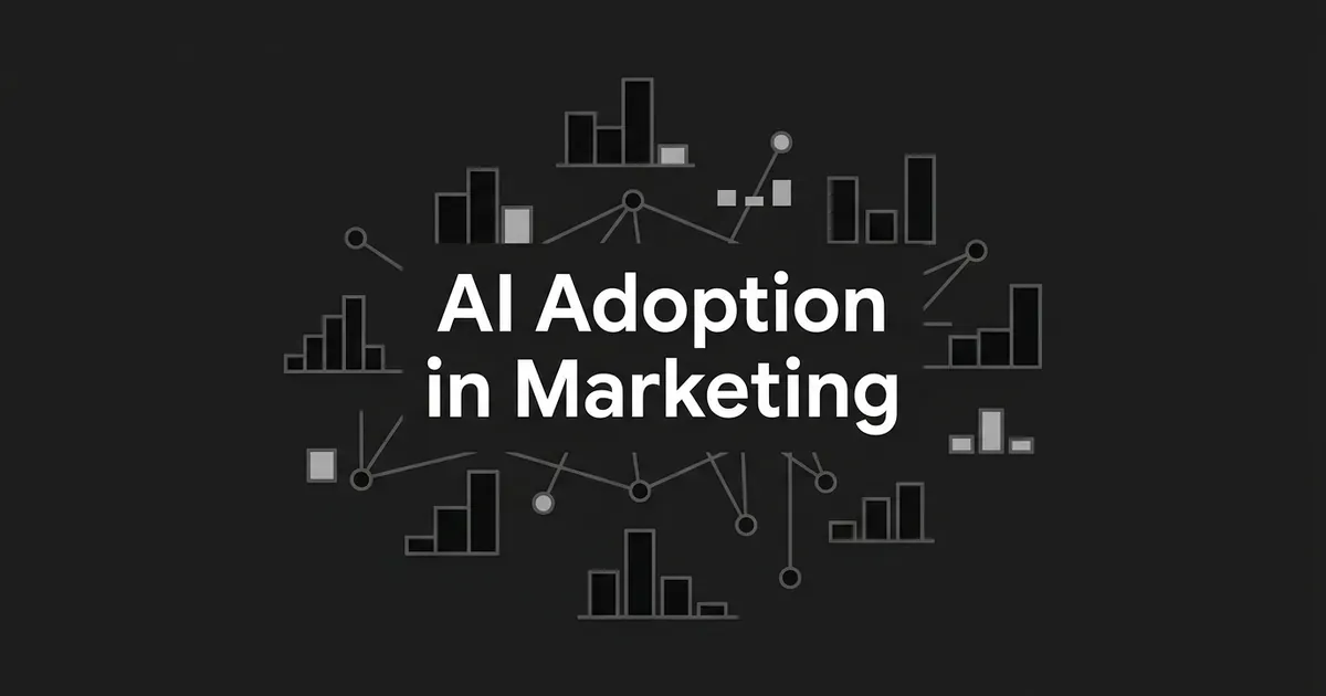 A monochrome illustration reading AI Adoption in Marketing surrounded by scattered bar-chart fragments and dot markers of uneven heights connected by thin lines, representing survey data points that do not line up evenly.