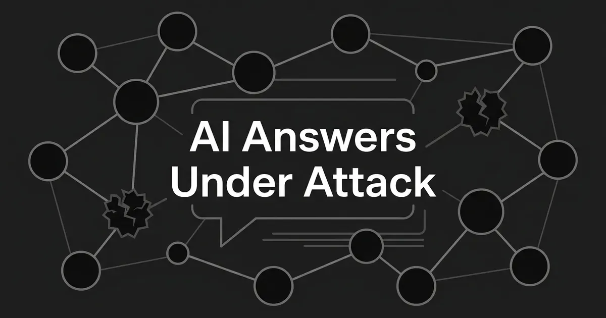 A monochrome network of connected circular nodes on a charcoal background, two of them jagged and cracked to represent corrupted sources, feeding into a chat-bubble answer box with the text AI Answers Under Attack.