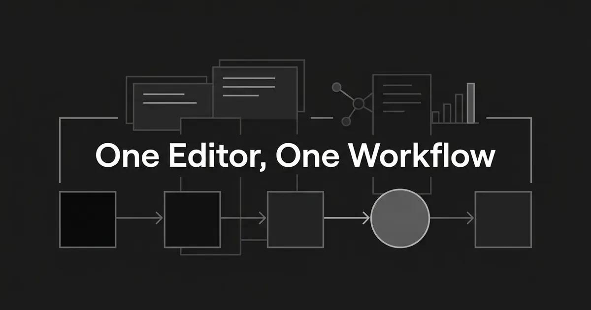 A monochrome diagram of a five-stage editorial pipeline running left to right, with a single bright circle standing in for the one human review gate, under the cover line One Editor, One Workflow.