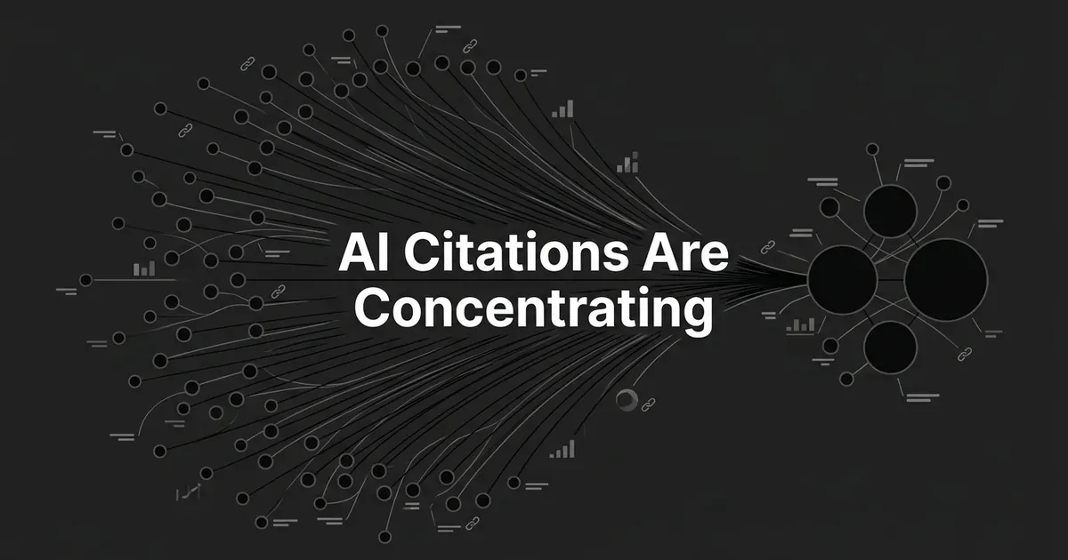 An abstract monochrome network diagram with many scattered source nodes on the left funneling through connecting lines into a small cluster of a few large nodes on the right, illustrating AI search concentrating citations onto fewer sources.