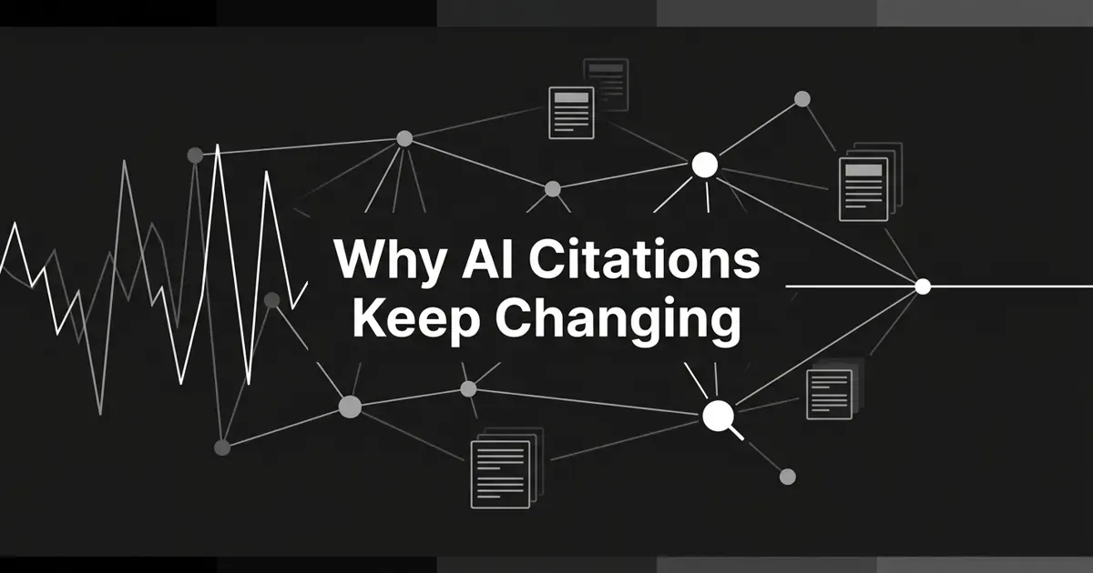 A monochrome abstract diagram of connected nodes with a jagged citation-volatility line settling into a steady line, beneath the white cover line Why AI Citations Keep Changing.