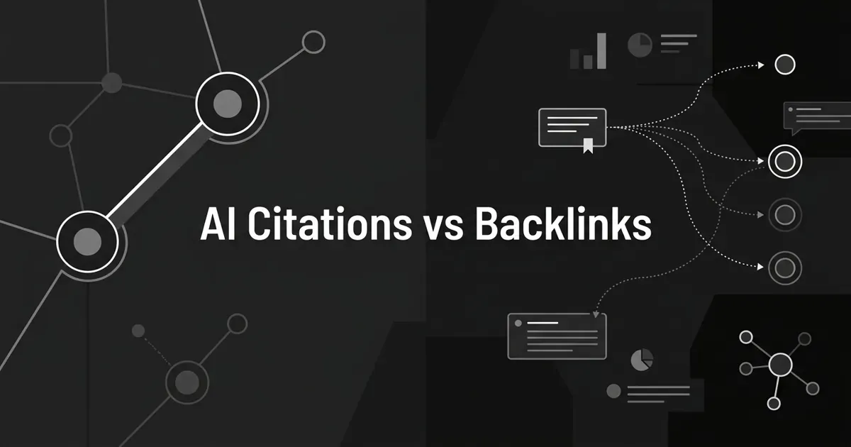 Monochrome abstract diagram contrasting a solid backlink edge between two nodes with a dotted, rerouting AI citation, under the centered white cover line 'AI Citations vs Backlinks'.