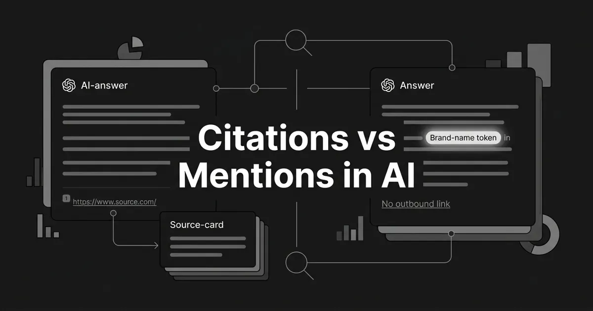 A monochrome abstract diagram comparing two AI-answer signals side by side: a citation as a source link leading out of an answer card, and a brand mention as a highlighted name inside the answer, under the cover line Citations vs Mentions in AI.