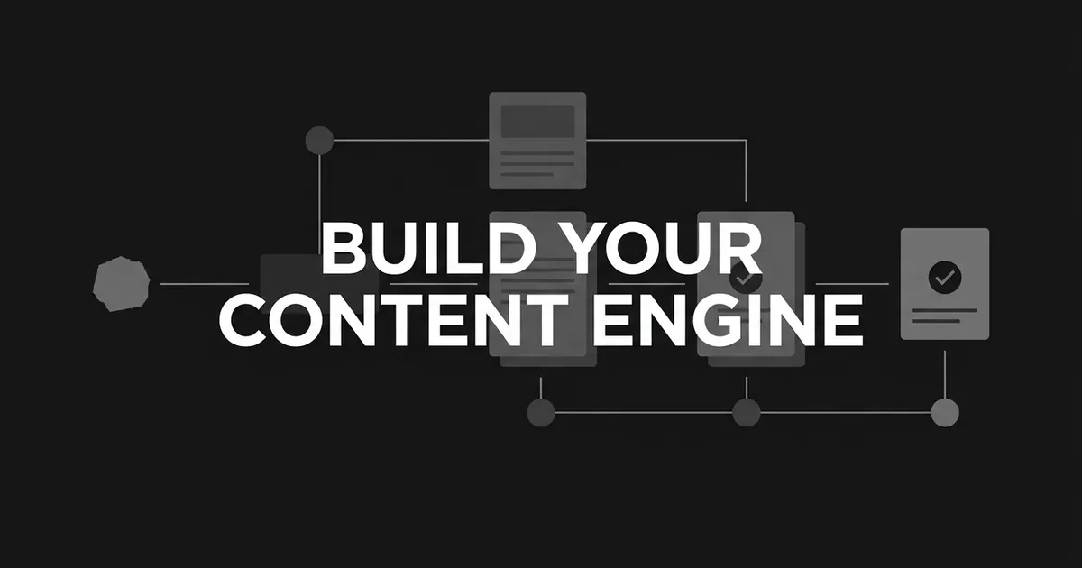 A monochrome illustration of a horizontal content pipeline, with a rough idea shape on the left flowing through stacked document cards to a document marked with an approval checkmark on the right, behind the words Build Your Content Engine.