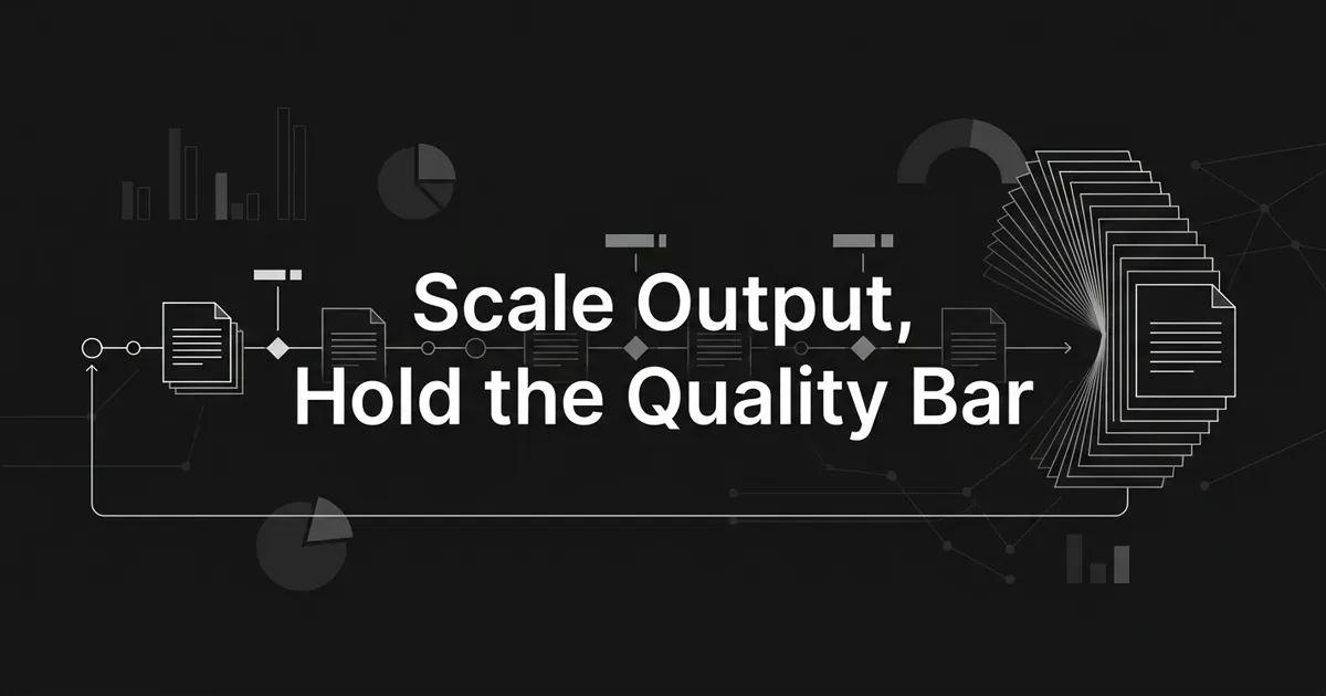 Monochrome line diagram of a content production pipeline on a charcoal background, with document icons passing through diamond quality gates, a fan of stacked articles at the end, and a feedback line curving back to the start, under the cover line "Scale Output, Hold the Quality Bar".