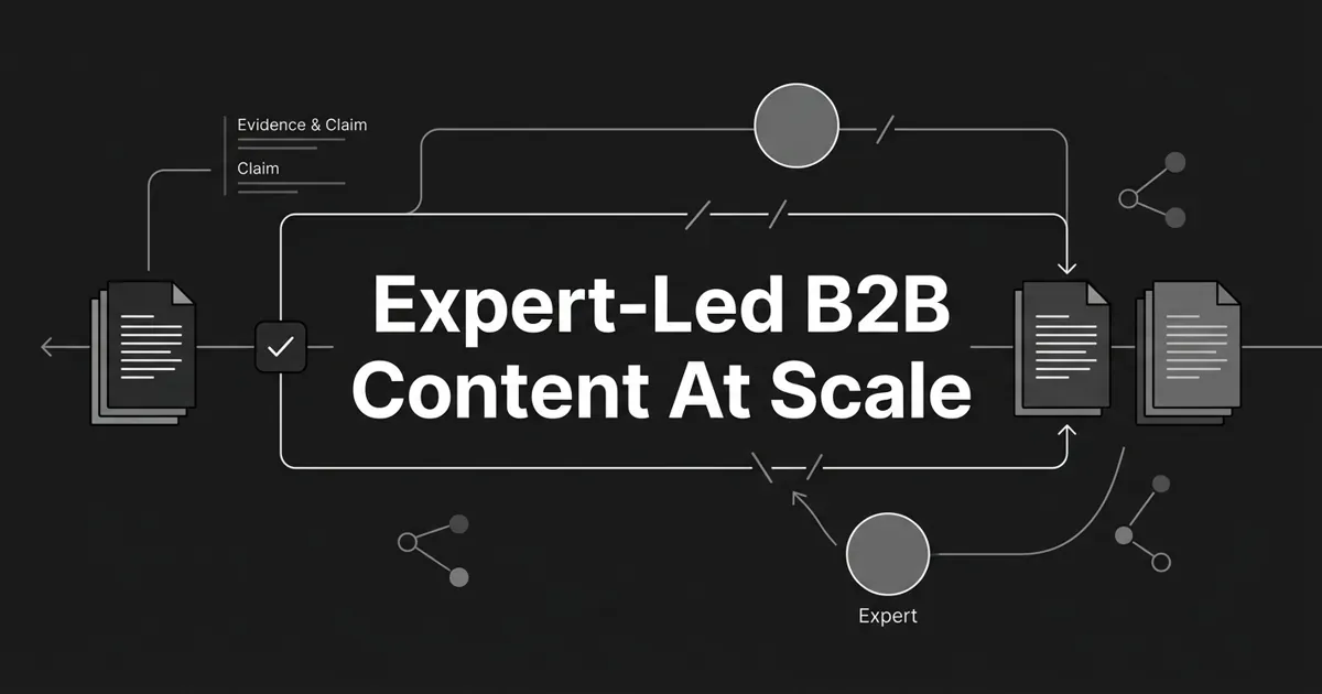 Monochrome flat-vector diagram of a content pipeline on charcoal: document cards moving through a checkmark review gate, expert and claim nodes feeding back into the line, under the white cover line "Expert-Led B2B Content At Scale".