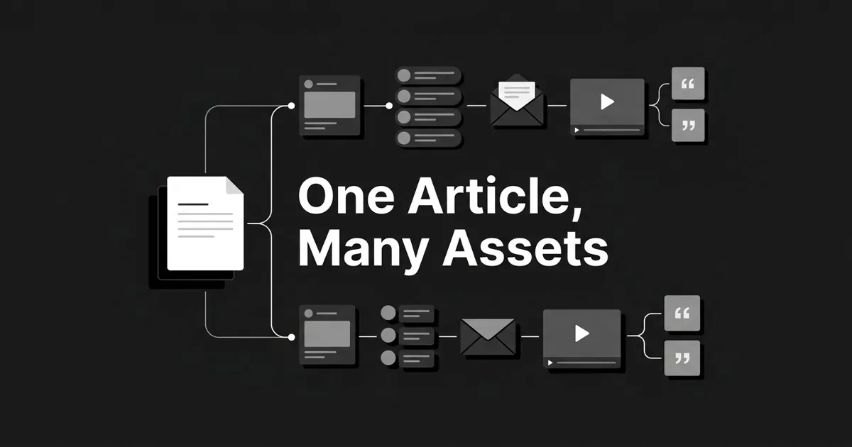 Monochrome flat-vector diagram on charcoal showing one white article document branching along thin lines into rows of channel assets: social post cards, thread chips, an email envelope, a video frame, and quote-mark snippet tiles, beside the cover line One Article, Many Assets.