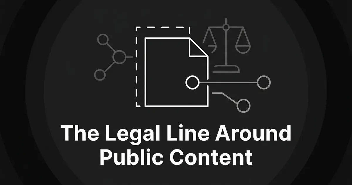 A monochrome illustration of a dashed boundary around a document icon, with crawler nodes reaching toward it and a scale in the background, under the text The Legal Line Around Public Content.