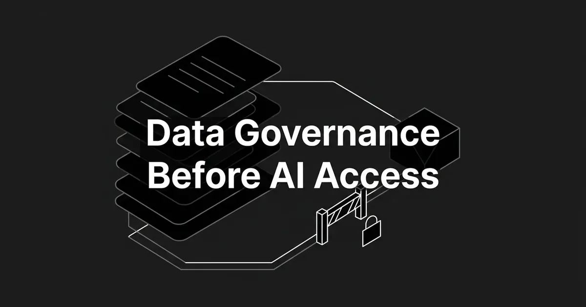 A monochrome illustration of a stack of layered data-record cards connected by a line to an AI node, with a checkpoint gate and lock icon on the connecting line, next to the text Data Governance Before AI Access.