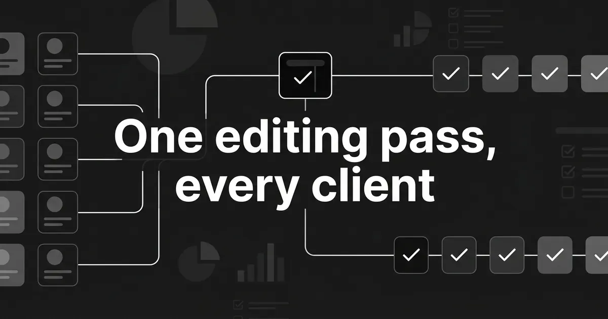 A monochrome cover showing several separate client account cards on the left joined by clean linework into one central review gate, then out to rows of approved output cards, under the line One editing pass, every client.