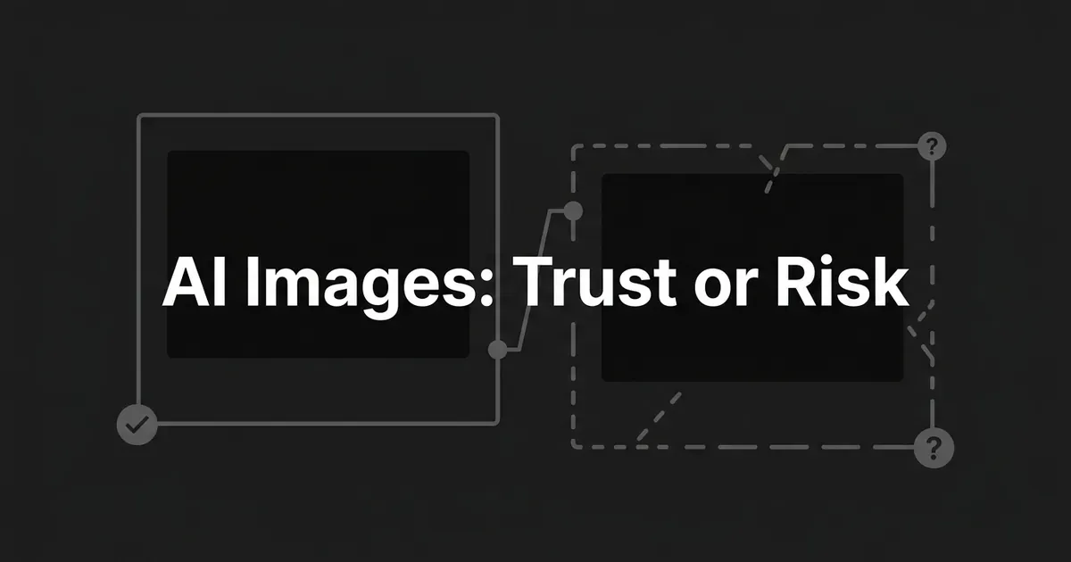 Two picture-frame outlines connected by a line, one solid with a checkmark and one dashed with question marks, illustrating the choice between trustworthy and risky AI-generated images.