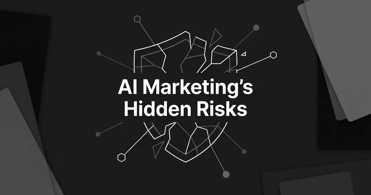 A cracked shield made of thin white lines, with signal nodes radiating outward on a dark background, above the words AI Marketing's Hidden Risks.